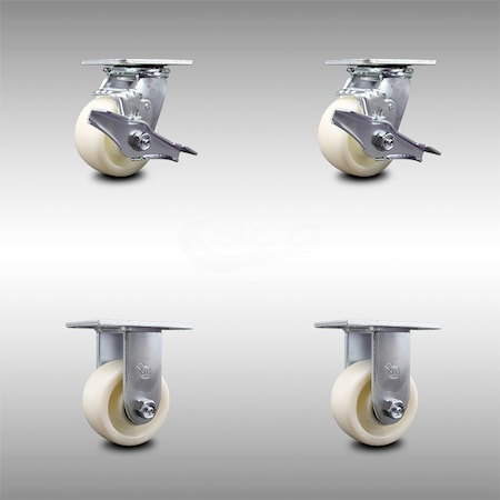 Service Caster 4 Inch Stainless Steel Nylon Caster Set with Roller Bearings 2 Brake 2 Rigid SCC SCC-SS30S420-NYR-TLB-2-R-2
